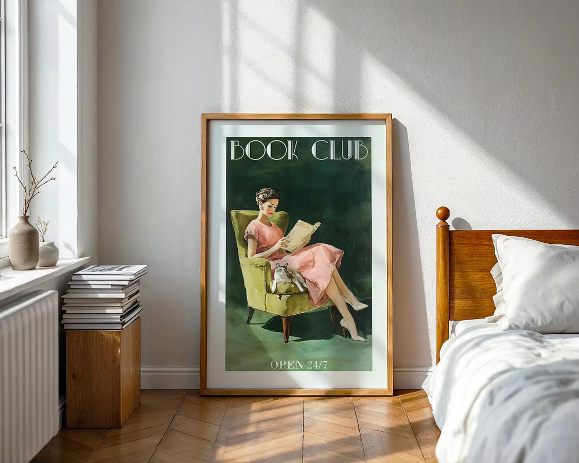 Vintage Book Club Wandkunst Retro Poster mit lesender Frau und Katze als Mehrfarbiger Digitaldruck - Bild 4