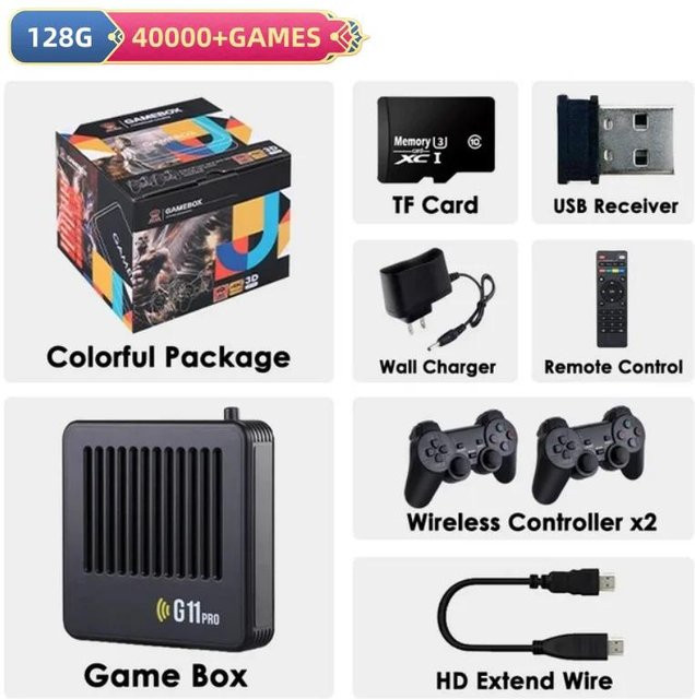 G11 Pro Spielebox Videospielkonsole mit 256 GB Speicher, 60.000+ Retro-Spielen, 4K HD TV-Spiele-Stick und 4 kabellosen 2,4 GHz Gamepads in Schwarz - Bild 1