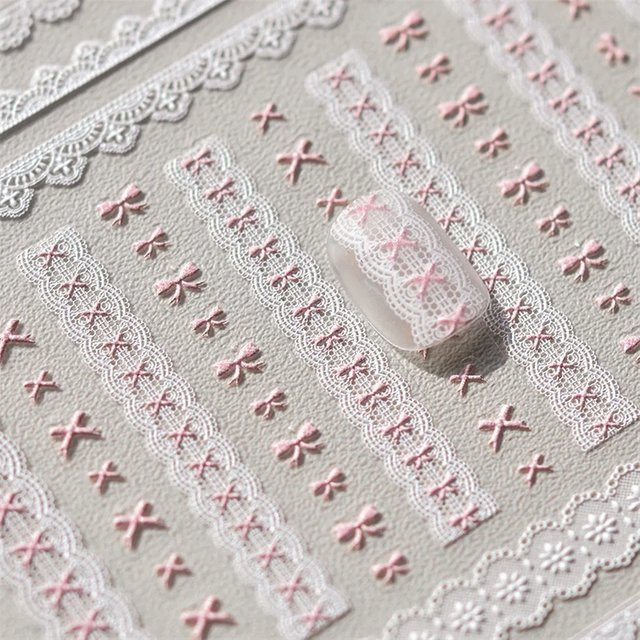 Rhstoe Nagel Aufkleber, Spitze Bogen und Herz, Rosa Weiß Schwarz - Bild 1