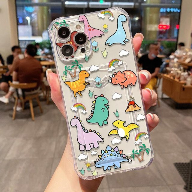 Stoßfeste Handyhülle mit Kartenhalter im Dinosaurier-Design für Apple iPhone Modelle, transparent - Bild 1