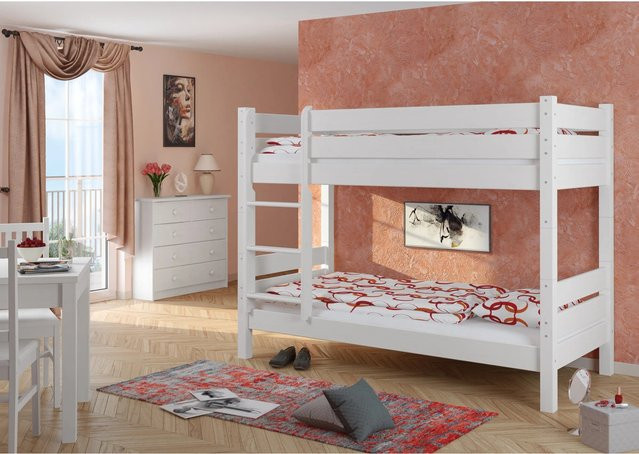 Erst-Holz Etagenbett aus Massiv Kiefer in Weiß, Kompaktes Modell mit Nische, B/T/H: 80 x 190 x 160 cm - Bild 1