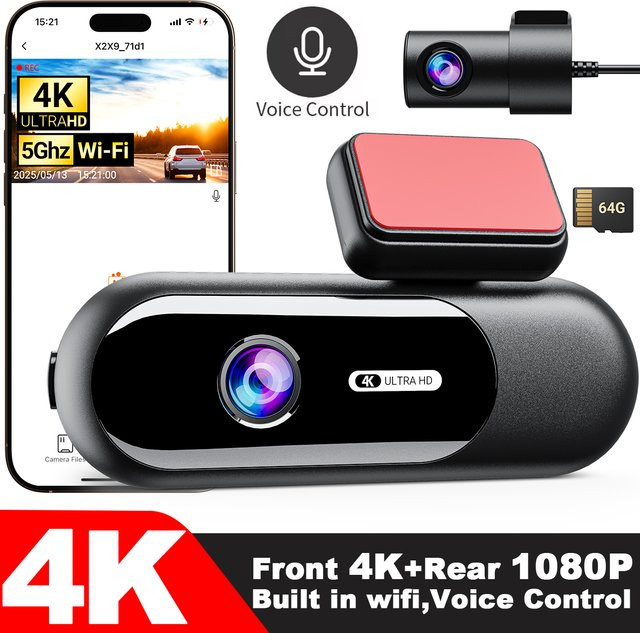 Etymoofox 4K UHD Dashcam mit WLAN und Nachtsicht, Dual-Kamera-System für vorne und hinten, 24H Parkplatzüberwachung, Blackbox in Schwarz - Bild 1