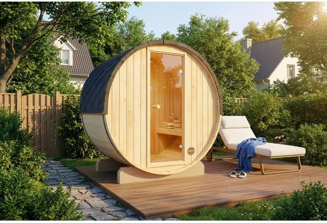 FinnTherm Fasssauna Mini XXS aus Holz in Schwarz oder Braun mit Fichte und Erle, B/T/H: 194 x 130 x 194 cm - Bild 1