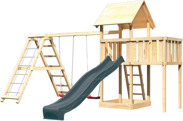 Karibu Spielturm Lotti aus Massivholz mit Rutsche, Schaukelanbau, Gerüst und Plattform in Natur-Anthrazit - Bild 1