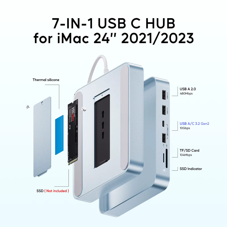 PULWTOP USB-C-Hub für iMac 24 Zoll M1/M3/M4 in Silber mit USB-C 10Gbps, 3x USB-A, SD/TF-Slot und Unterstützung für M.2-SSD-Erweiterung - Bild 2