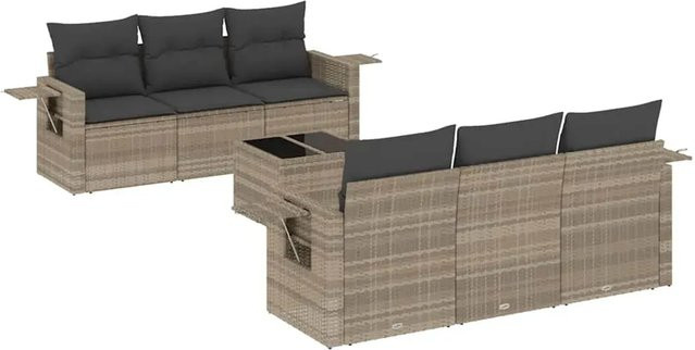 vidaXL 7-teilige Garten-Sofagarnitur aus Polyrattan in Hellgrau mit Kissen und Gartentisch - Bild 1