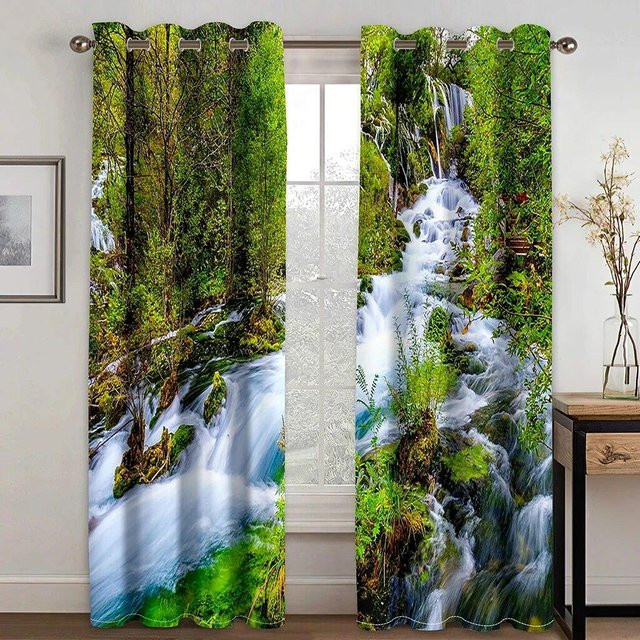 A Family Of Home Textiles Naturlandschaft Vorhänge mit Berg- und Wasserfall-Motiv, 2er-Set, halbtransparent, Mehrfarbig, B: 50 cm, H: 130 cm - Bild 1