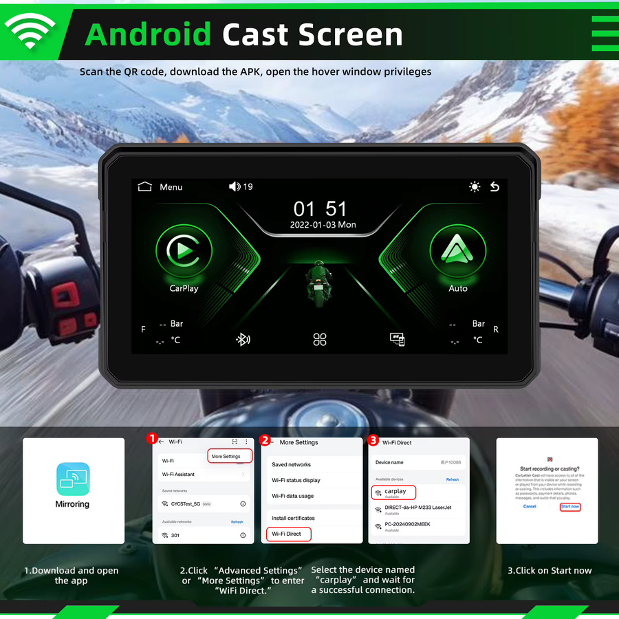 Podofo Carplay Motorrad-Monitor mit Android Auto und Airplay, IP68 wasserdicht, Farbe: Schwarz - Bild 6
