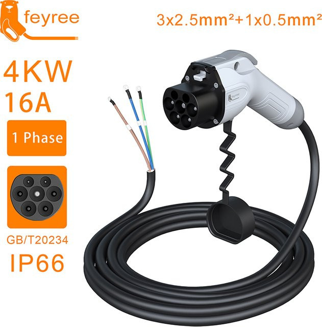 Feyree EV-Ladekabel mit GB/T Stecker, 5m Länge, für 1-phasige (3,5KW bis 7KW) und 3-phasige (11KW bis 22KW) Elektrofahrzeuge - Bild 1