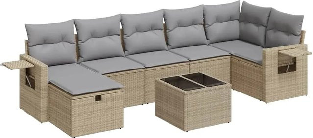 vidaXL 8-tlg. Garten-Sofagarnitur in L-Form mit Kissen und Tisch, Beige, Poly-Rattan und Metall - Bild 1