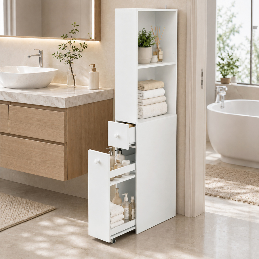 HOMCOM Slim-Badschrank Weiß mit ausziehbarem Organizer auf Rollen, Schublade und verstellbaren Regalen, B/T/H: 18 x 40 x 135 cm - Bild 2