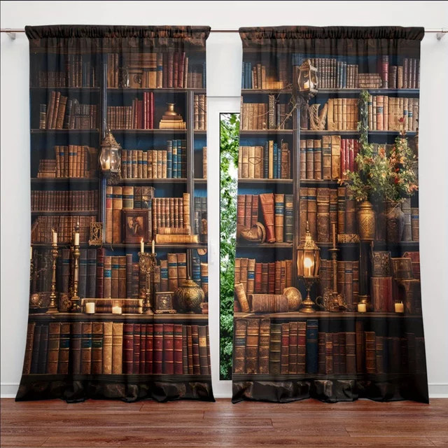 VOZMIO 2er-Set Dekorative Vorhänge mit Mittelalter-Bücherregal-Print in Multicolour - Bild 1