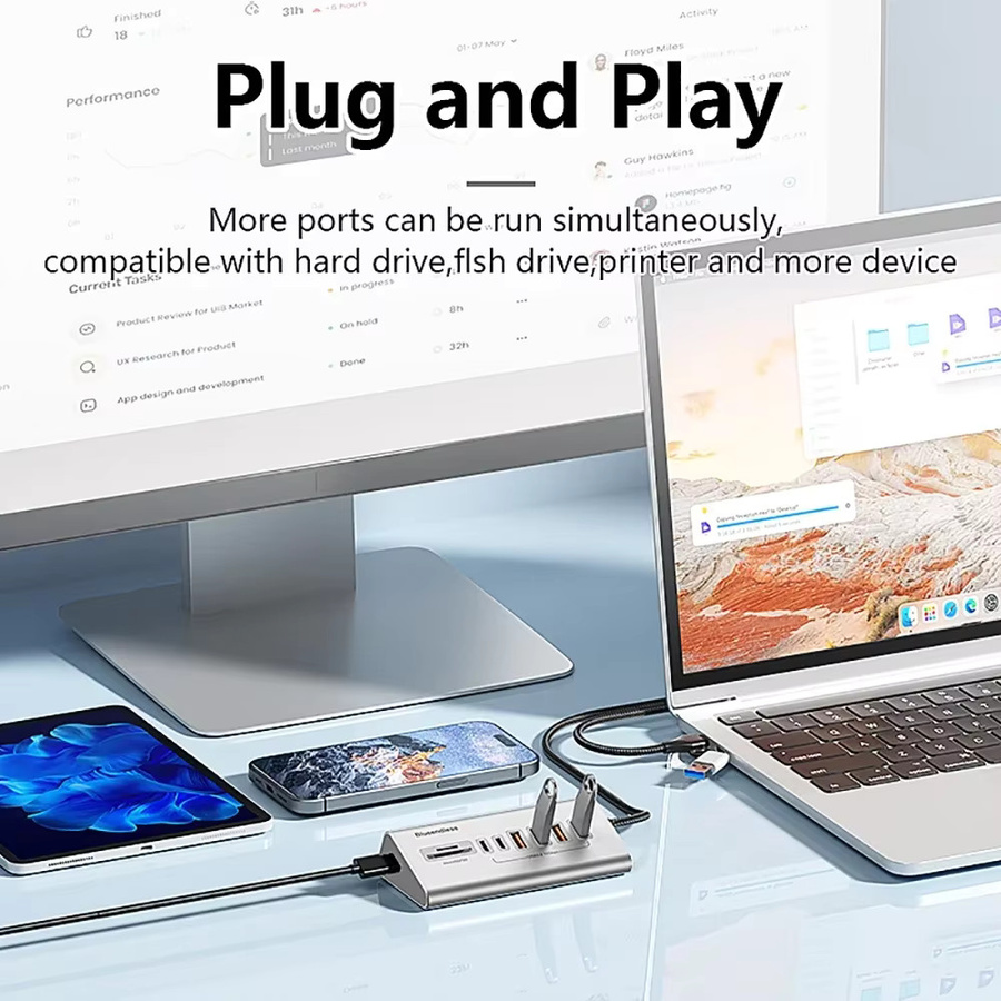kebidumei USB-C Docking Station Hub aus Aluminium Legierung in Silber mit 8/9 Ports, USB 3.2 10 Gbit/s und Kartenleser für PC und Laptop - Bild 4
