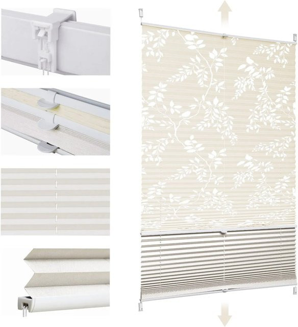 Sekey Doppelplissee Day&Night Verdunkelung ohne Bohren, Farbe: Beige, Muster: Floral, Breite: 35 cm, Höhe: 100 cm - Bild 1
