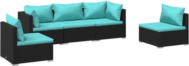 vidaXL 5-tlg. Garten-Lounge-Set in L-Form mit Kissen aus Poly Rattan und blauem Polster in Schwarz - Bild 1
