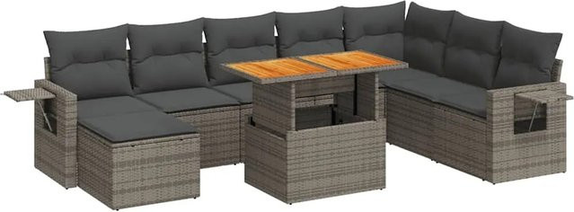 vidaXL 9-tlg. Garten-Sofagarnitur in L-Form aus grauem Poly-Rattan mit Kissen und Akazienholz - Bild 1