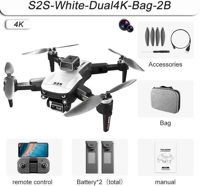 S2S Drohne mit 8K HD Dual Kamera, bürstenloser Motor und Hindernisvermeidung, faltbarer Quadcopter in Weiß mit 2 Akkus - Bild 1