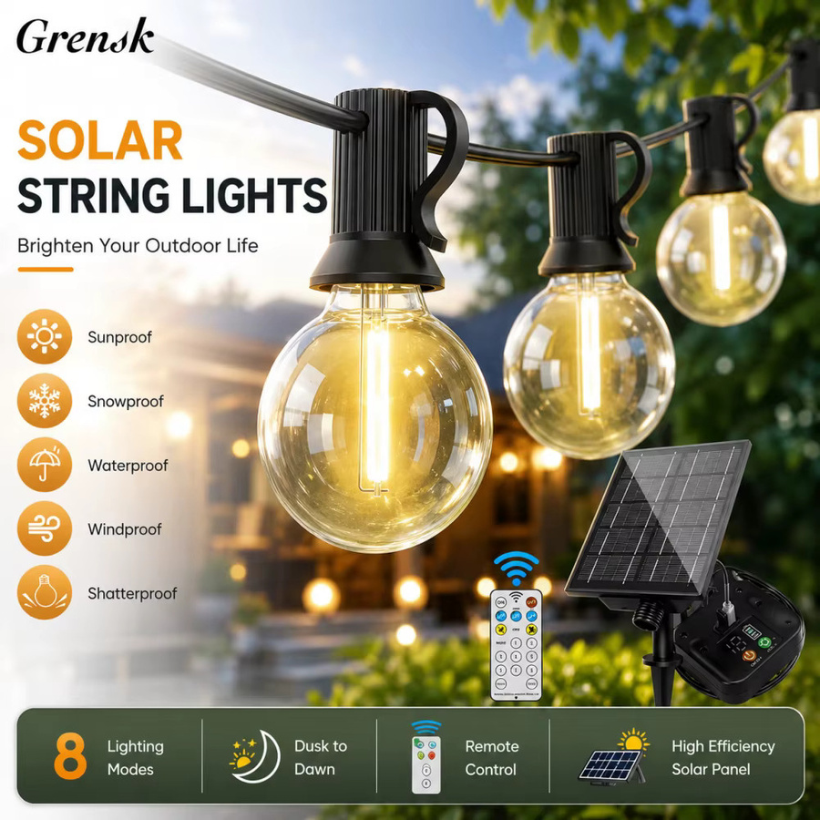Grensk Solar LED Lichterkette G40 Vintage mit warmweißen Glühbirnen, wasserdicht und bruchsicher für Garten und Terrasse, Schwarz - Bild 2