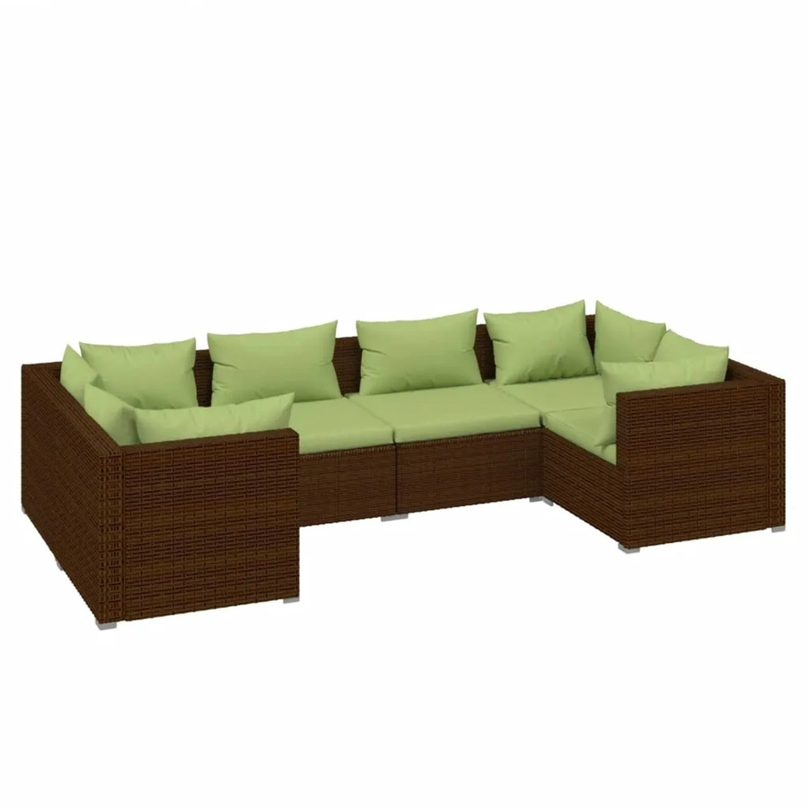 vidaXL 6-tlg. Garten-Lounge-Set in L-Form aus Poly-Rattan mit Auflagen und abnehmbaren Bezügen, Braun und Grün - Bild 2