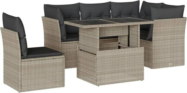 vidaXL 6-teilige Garten-Sofagarnitur in L-Form aus Polyrattan mit Kissen in Hellgrau - Bild 1