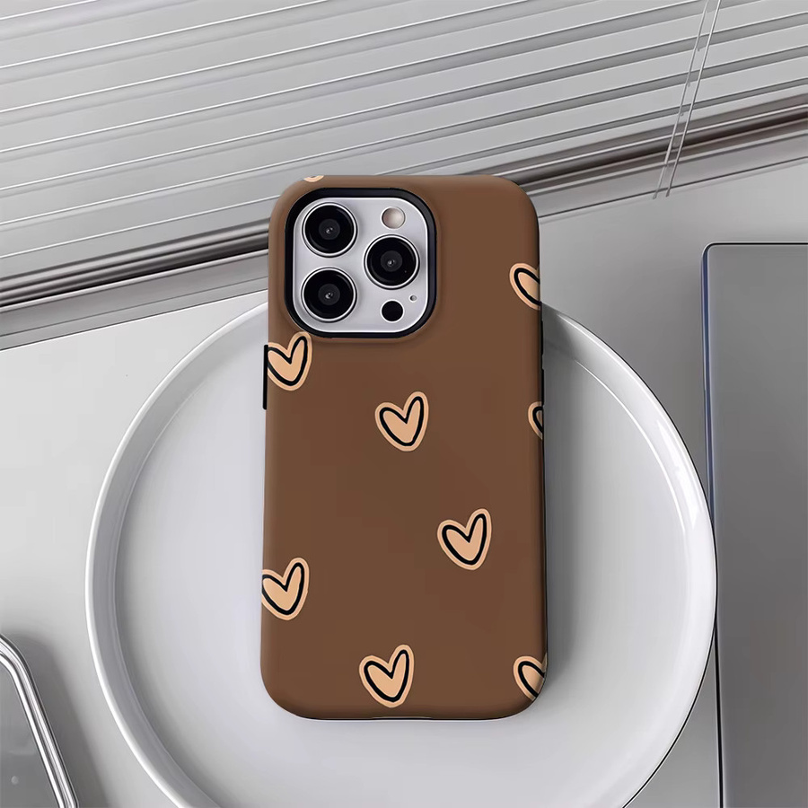 Potdemiel iPhone Hülle mit minimalistischem braunem Herz-Design, doppellagige Rückabdeckung für iPhone 17 16 15 14 13 12 Pro Max Plus - Bild 4