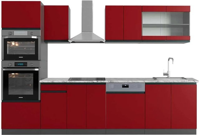 Vicco R-Line Küchenzeile Rot/Anthrazit mit Hochschrank und Marmor-Arbeitsplatte Breite: 300 cm - Bild 1