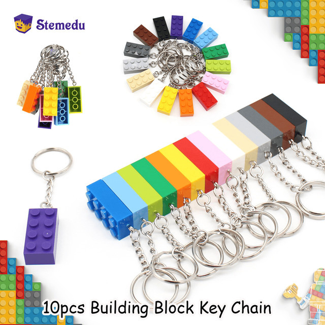 10 Stück Stemedu DIY MOC Ziegel Schlüsselanhänger aus Kunststoff, 2x4 Bausteine Typ 3001, Gelb und Bunt / Mehrfarbig - Bild 1