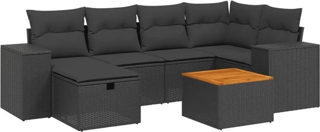 vidaXL 7-tlg Garten-Sofagarnitur aus Poly-Rattan mit Kissen in Schwarz, Modell 135 - Bild 1