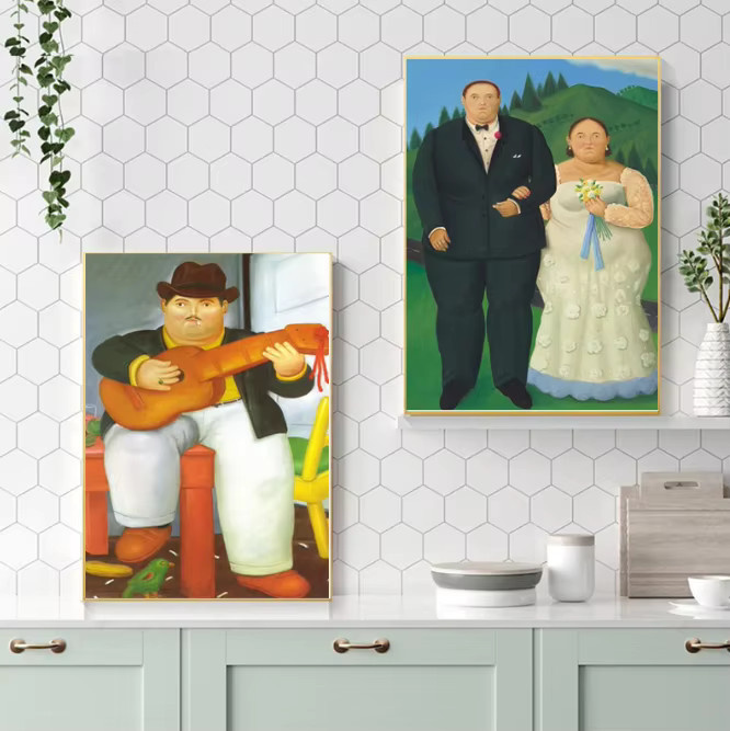 Abstraktes Leinwandgemälde von Fernando Botero als nordische Wandkunst mit einer Cartoon-Tänzerin in Mehrfarben - Bild 1