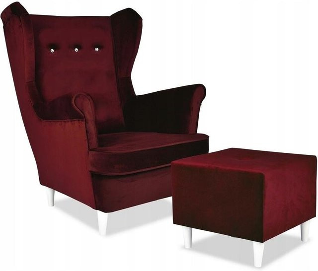 Ohrensessel ARI mit Hocker von Family Meble im skandinavischen Design aus bordeauxfarbenem Samt, H x B x T: 104 x 84 x 92 cm - Bild 1