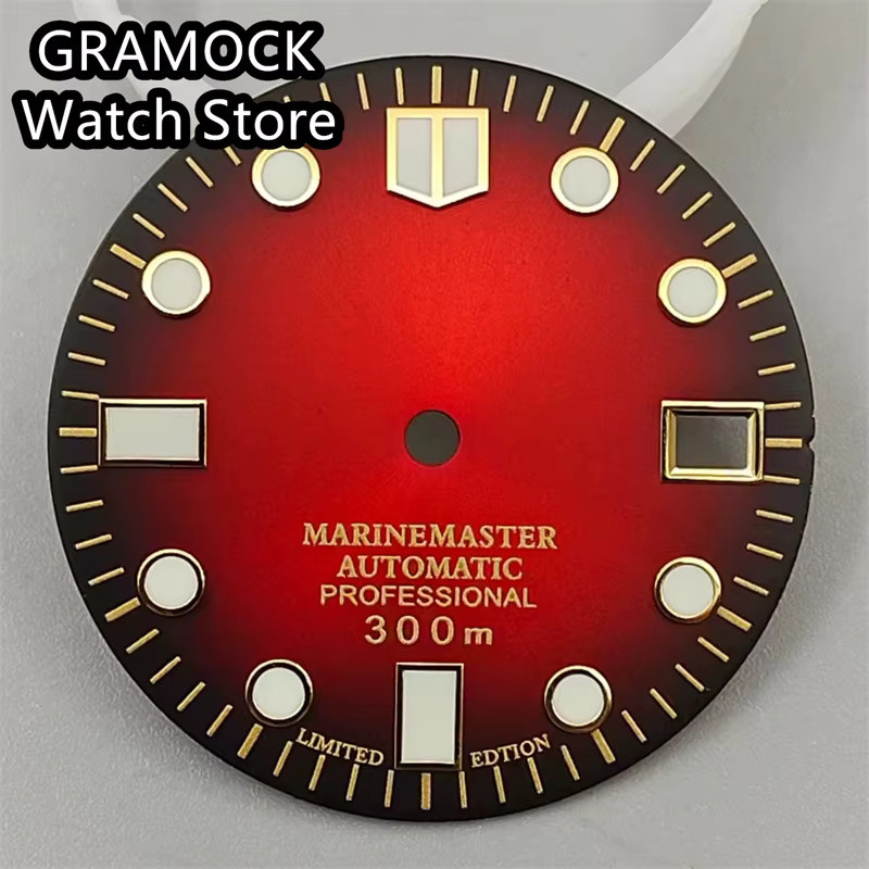GRAMOCK Zifferblatt, 29 mm, rotes Zifferblatt, grünes Leuchtzifferblatt, passend für NH35-Uhrwerk - Bild 1