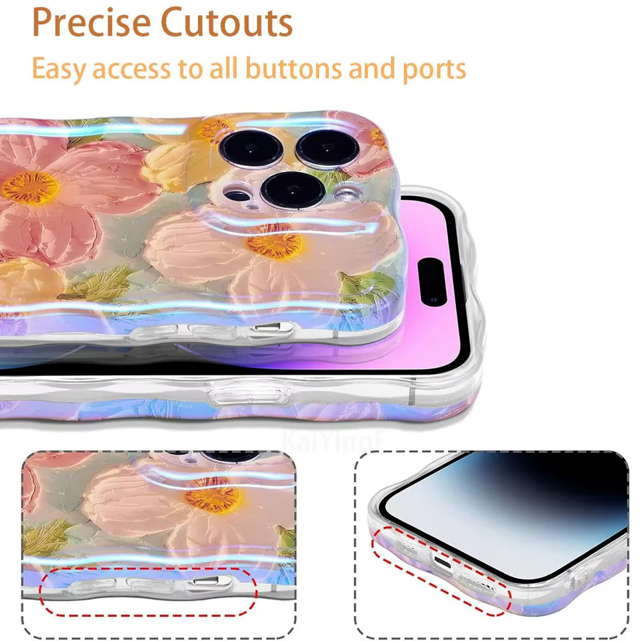Stilvolle iPhone Hülle mit Retro-Ölgemälde Blumen Design in Gelb und Multicolour mit glänzendem Wellenrand für Apple iPhone 17 bis 16 Pro Max - Bild 4