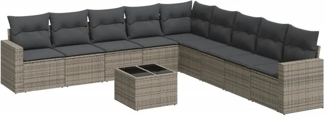 vidaXL 10-tlg. Garten-Sofagarnitur in L-Form aus Poly-Rattan und pulverbeschichtetem Stahl mit Kissen in Grau - Bild 1