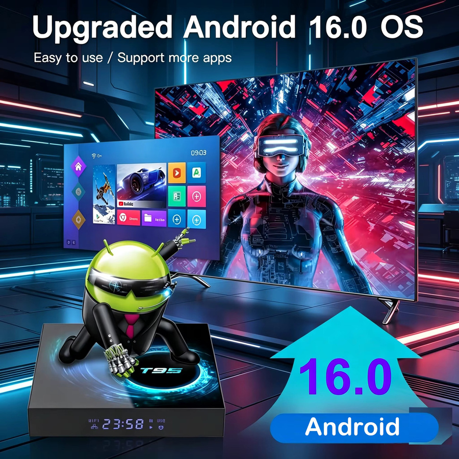 T95 Smart TV Box Android 16 Media Streamer mit 8GB RAM und 256GB Speicher, Allwinner H616, 8K Unterstützung, Netflix, Google Assistant, WLAN 5G und Bluetooth 6.0, Schwarz - Bild 4