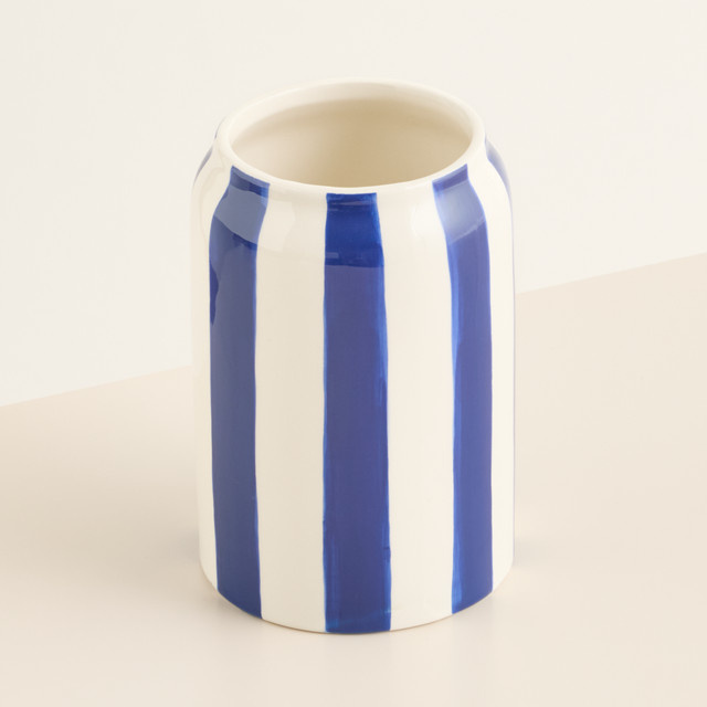 Moderne Keramik Vase von Blume2000 in Weiß/Blau Gestreift, Rund für den Tisch, Höhe: 16,0 cm - Bild 1