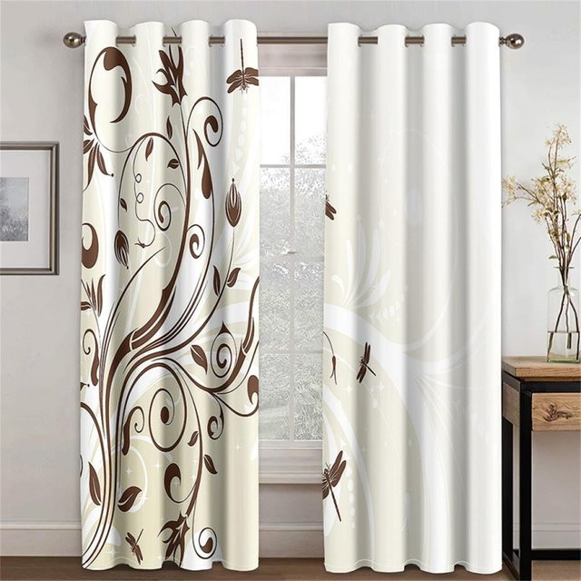 3D-Vorhang Set mit Musiksymbolen und Blumenmuster, 2 Paneele, Lila Grün Gold Beige, B: 110 cm, H: 214 cm - Bild 1
