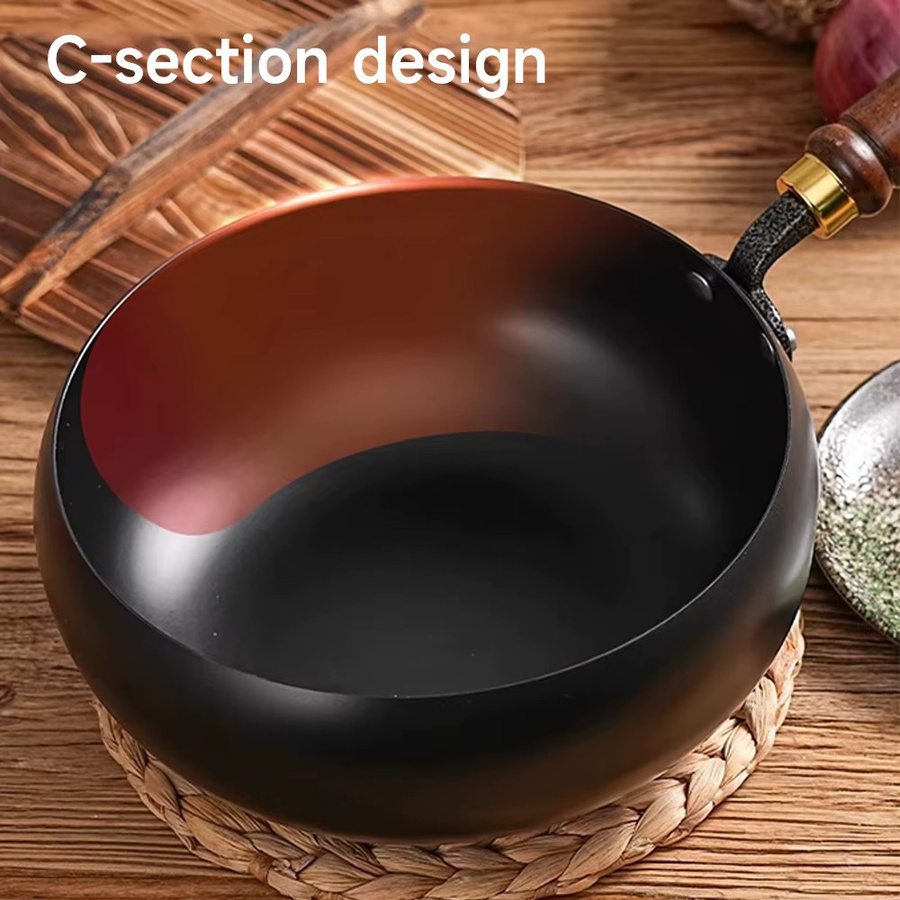 HGTUGO Wok aus Kohlenstoffstahl ohne Beschichtung in Schwarz mit Holzdeckel, Durchmesser: 24 cm - Bild 5