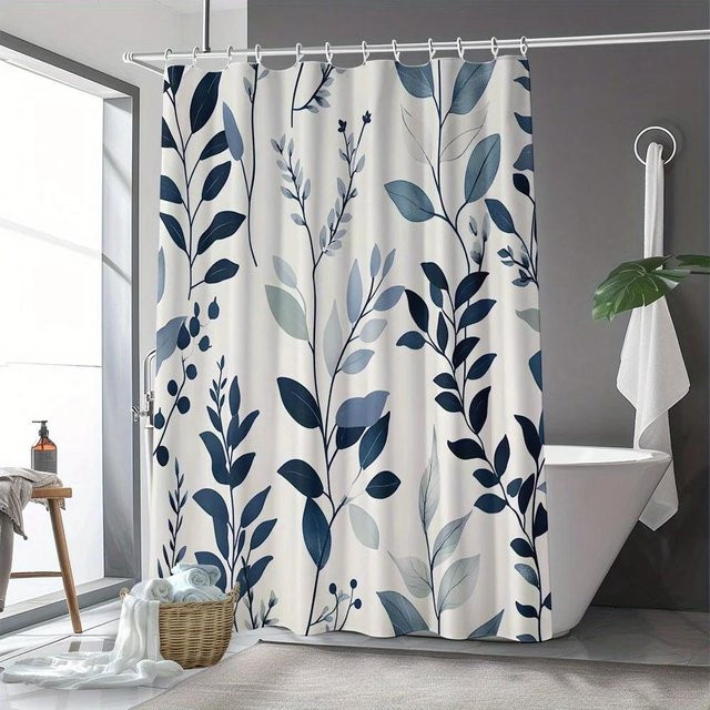 Wasserdichter Duschvorhang mit blauem und weißem Blattmuster aus Polyester, B/H: 120 x 180 cm - Bild 1