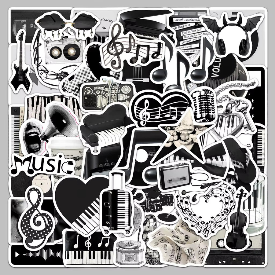 50 Stück wasserfeste Musik-Aufkleber im INS-Stil in Schwarz und Weiß von LanLanStickersWorld Store für Handyhüllen und Tagebücher - Bild 2