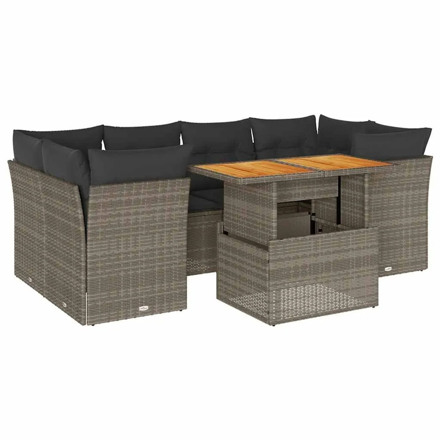 vidaXL 7-teilige Garten-Sofagarnitur in Grau aus PE-Rattan und Akazienholz mit Sitzkissen und Tisch - Bild 2