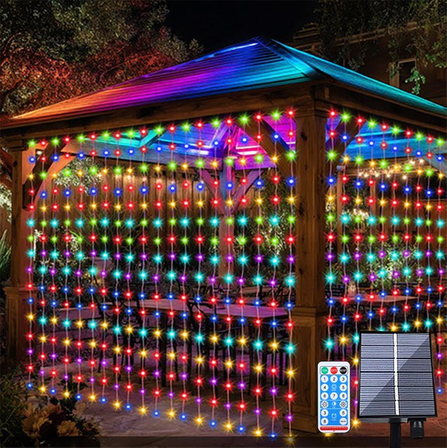 GHUSTAR Solar-Lichtvorhang für den Außenbereich mit 300 LEDs, wasserdicht, mehrfarbig, dimmbar mit Fernbedienung, Timer und Speicherfunktion - Bild 1