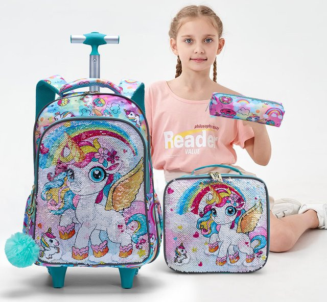 3-teiliges Set Rollrucksack für Mädchen von BLING BABIES mit Einhorn-Pailletten-Design, Lunchbox und Stifttasche, Multicolour - Bild 1