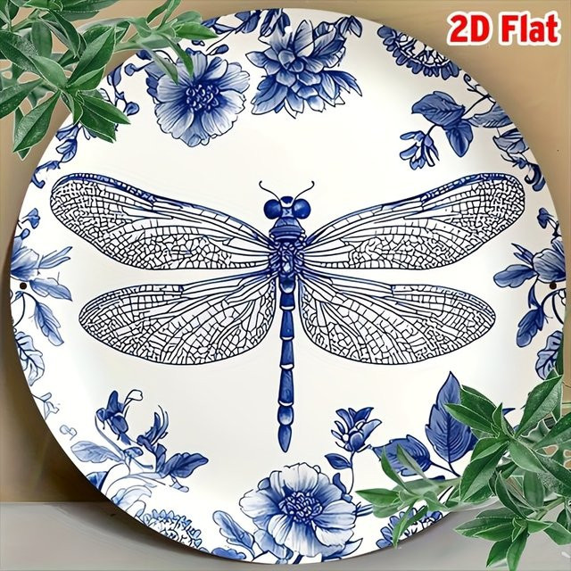 Potdemiel Rundes Wanddekor aus Metall mit Libellen- und Blumenmuster in Blau und Weiß, Durchmesser: 20,3 cm - Bild 1