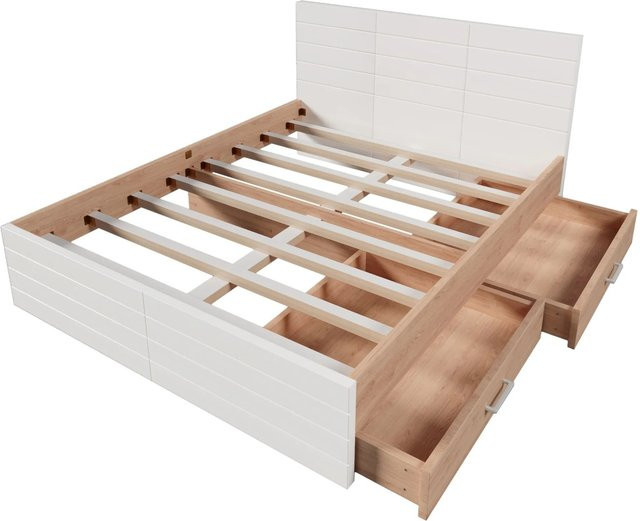 okwish Holzbett mit 2 Schubladen in Eiche und Weiß, Modernes Schlafzimmerbett ohne Matratze, B/T/H: 160 x 200 x 80 cm - Bild 1