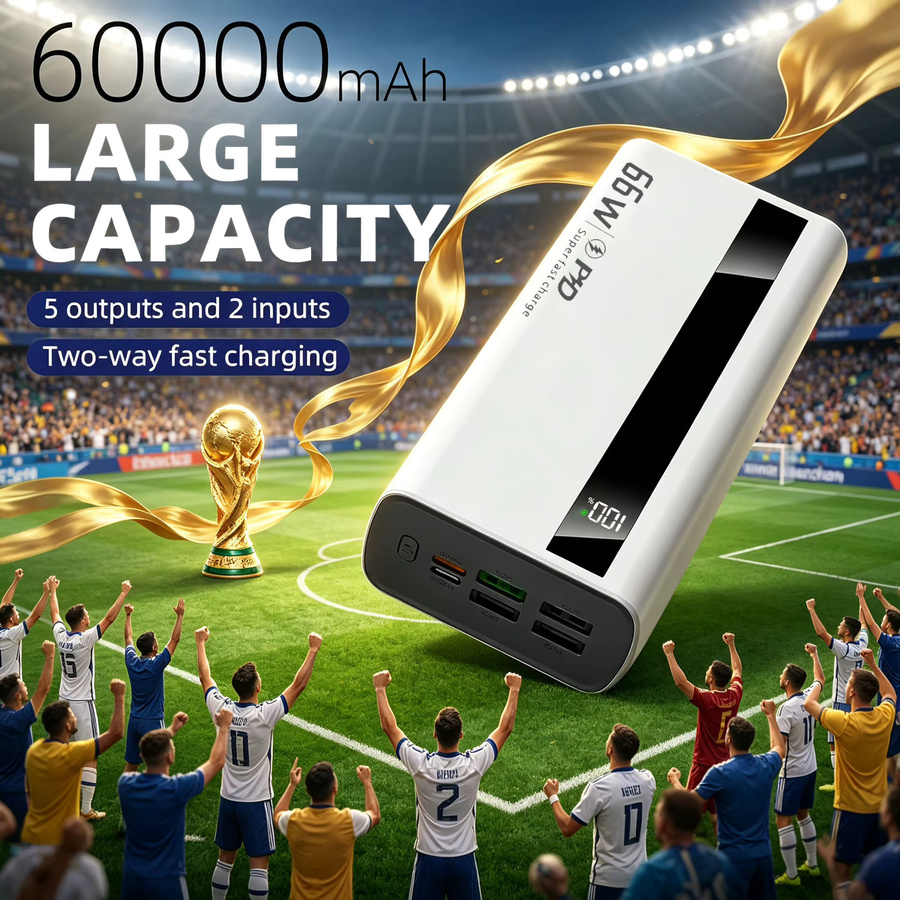InTessry Hochleistungs-Powerbank mit 60000mAh und 66W Schnellladeleistung, PD3.0 22,5W, Display und 4 Ausgänge, Farbe: Weiß - Bild 2