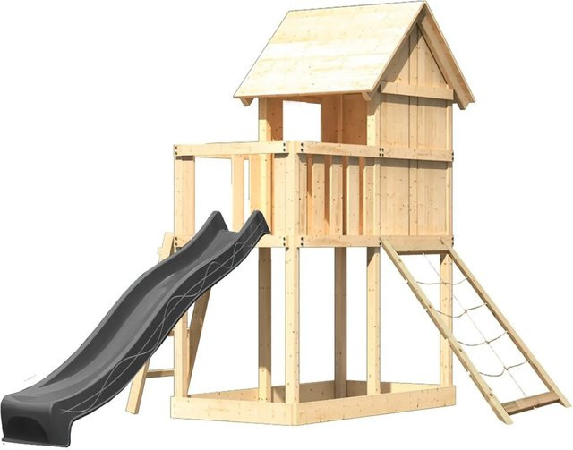 Karibu Spielhaus Frieda aus Massivholz mit Rutsche und Netzrampe in Natur-Anthrazit - Bild 1