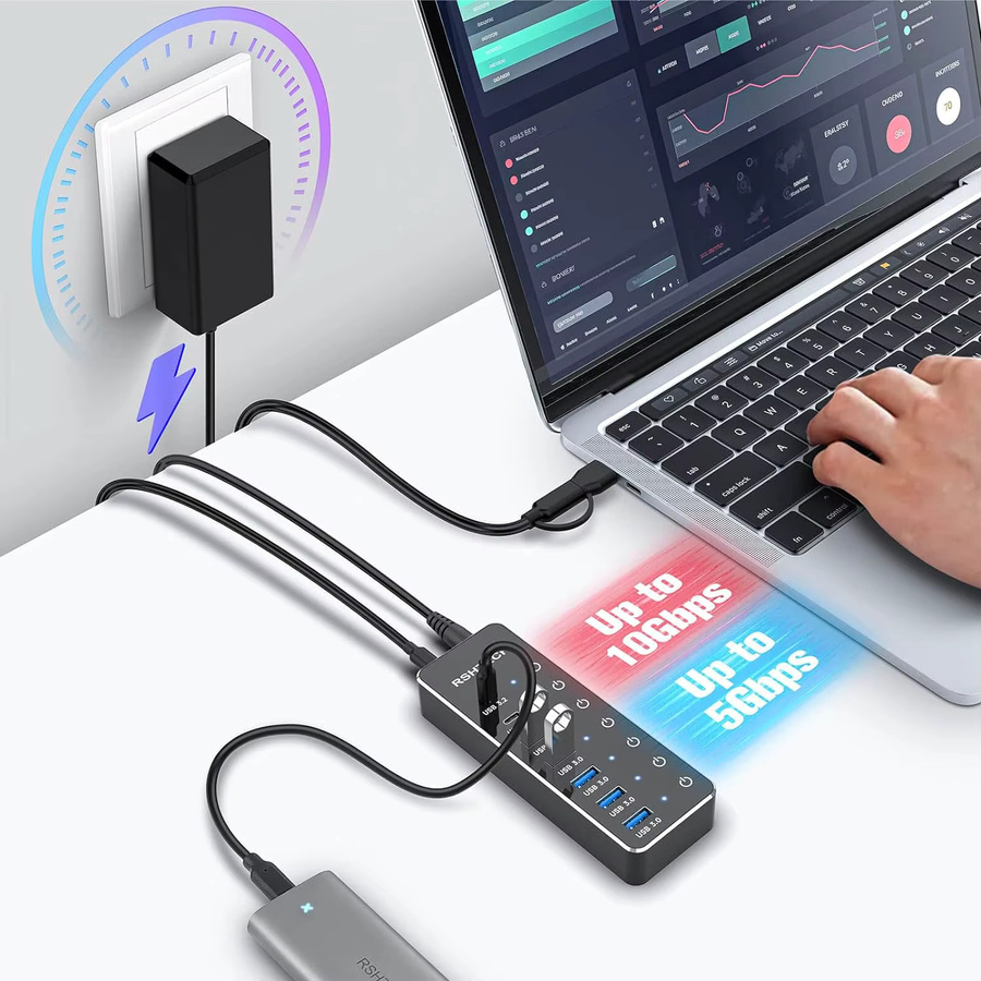 RSHTECH USB-C-Hub mit 7 Ports und 10 Gbit/s USB-C 3.2 Anschlüssen, schwarzer Laptop-USB-Splitter mit individuellen Touch-Switches und 5 V/3 A Netzteil - Bild 2
