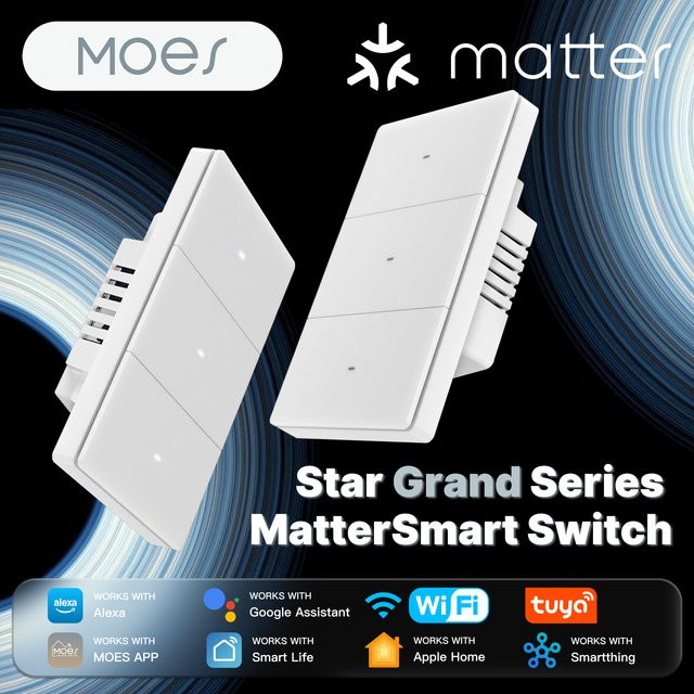 MOES Matter WLAN Smart-Schalter Star Grand Serie in Weiß, Tuya kompatibler Lichtschalter mit Neutralleiter, unterstützt Apple HomeKit, Amazon Alexa, Google Assistant und SmartThings - Bild 1