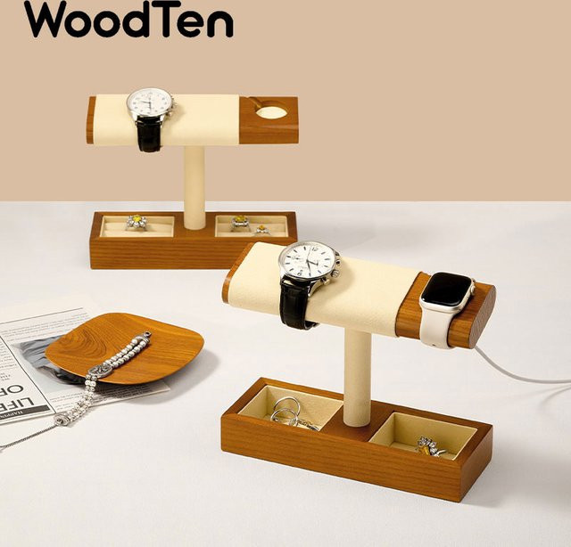 WoodTen Uhrenständer aus Massivholz mit kabellosem Ladefach für Apple Watch und Schmuckablage in Braun oder Grau - Bild 1