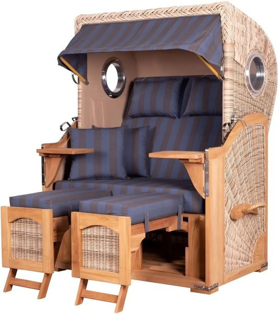 Bene Living Strandkorb Komplettset Ammersee Teak Bullauge PE Shell Modell 582 in Braun und Blau mit gestreiftem maritimen Design - Bild 1